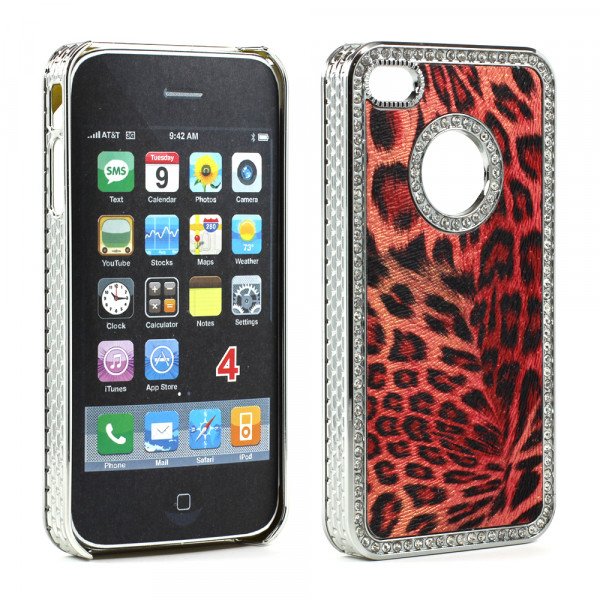 Wholesale iPhone 4 4S Leopard Diamond Chrome Case (Red)